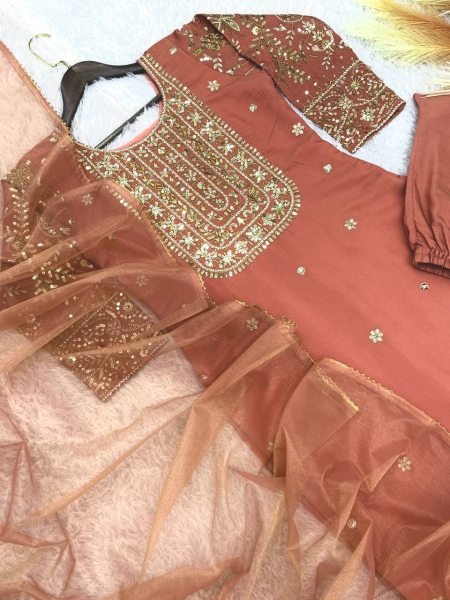 Premium Peach Roman Shimar Embroidered Top Pant Set with Dupatta For Reseller Rate Ready To Wear Collection