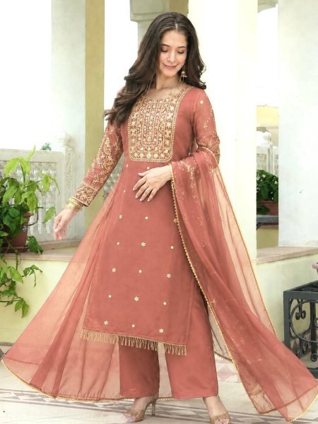Premium Peach Roman Shimar Embroidered Top Pant Set with Dupatta For Reseller Rate Ready To Wear Collection