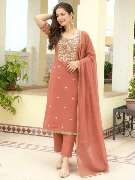 Premium Peach Roman Shimar Embroidered Top Pant Set with Dupatta For Reseller Rate Ready To Wear Collection