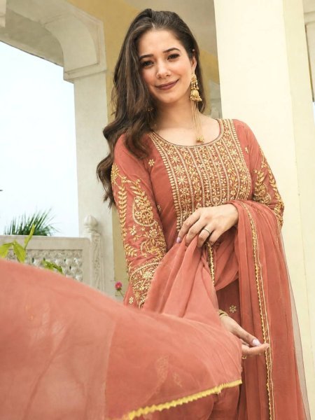 Premium Peach Roman Shimar Embroidered Top Pant Set with Dupatta For Reseller Rate Ready To Wear Collection