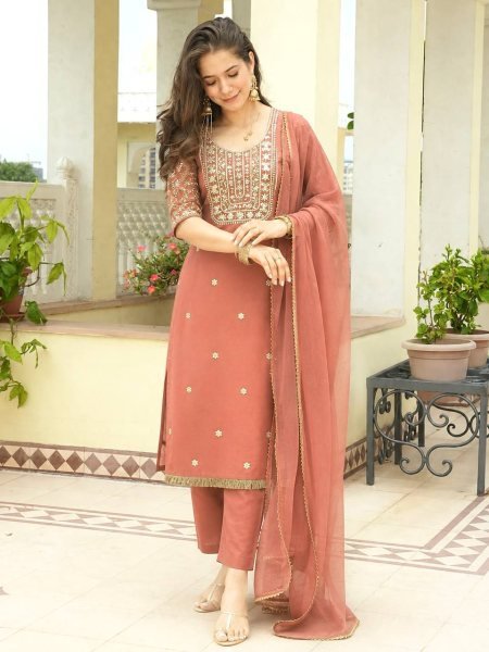 Premium Peach Roman Shimar Embroidered Top Pant Set with Dupatta For Reseller Rate Ready To Wear Collection