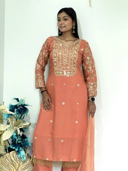 Premium Peach Roman Shimar Embroidered Top Pant Set with Dupatta For Reseller Rate Ready To Wear Collection