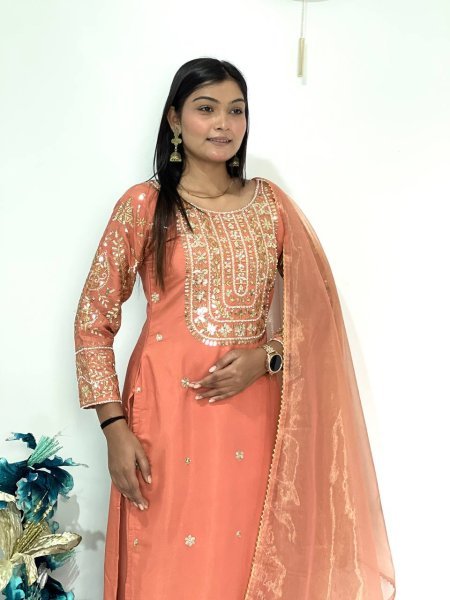 Premium Peach Roman Shimar Embroidered Top Pant Set with Dupatta For Reseller Rate Ready To Wear Collection