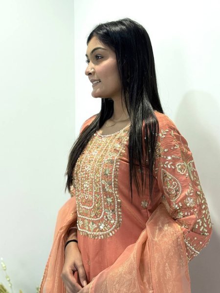 Premium Peach Roman Shimar Embroidered Top Pant Set with Dupatta For Reseller Rate Ready To Wear Collection