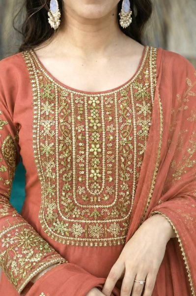 Premium Peach Roman Shimar Embroidered Top Pant Set with Dupatta For Reseller Rate Ready To Wear Collection