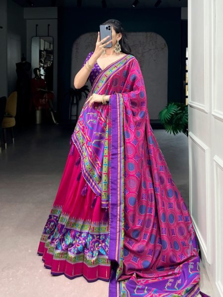 Premium Pink And Purple Printed Festive Tasar Silk Lehenga Choli Set For Women  Lehenga