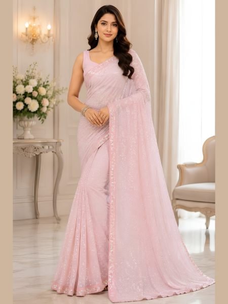 Premium Pink Bollywood Style Faux Georgette Saree with Designer Sequins Work For Events Sarees 