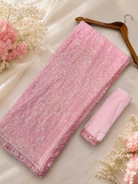 Premium Pink Bollywood Style Faux Georgette Saree with Designer Sequins Work For Events Bollywood Fancy Sarees Wholesale