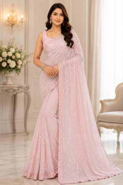 Premium Pink Bollywood Style Faux Georgette Saree with Designer Sequins Work For Events Bollywood Fancy Sarees Wholesale
