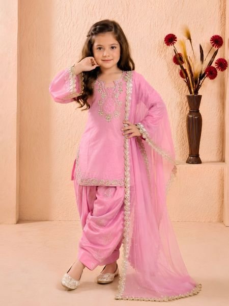 Premium Pink Girls Roman Glass Silk Party Wear Farshi Palazzo Set at Wholesale Rate Kurtis