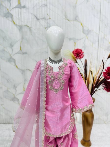 Premium Pink Girls Roman Glass Silk Party Wear Farshi Palazzo Set at Wholesale Rate Girls Wear