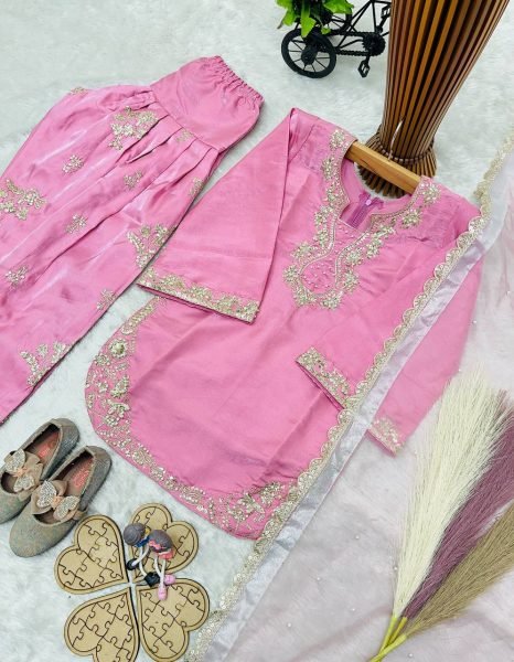 Premium Pink Girls Roman Glass Silk Party Wear Farshi Palazzo Set at Wholesale Rate Girls Wear