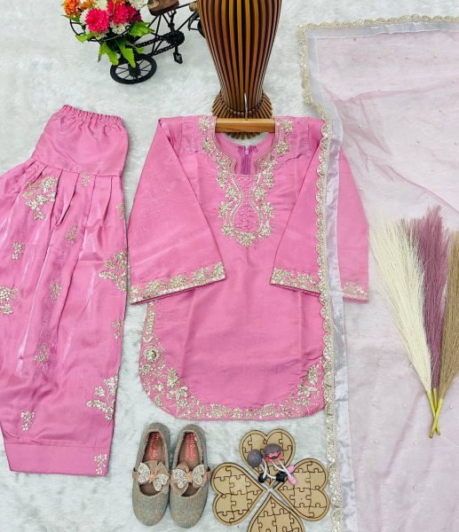 Premium Pink Girls Roman Glass Silk Party Wear Farshi Palazzo Set at Wholesale Rate Girls Wear