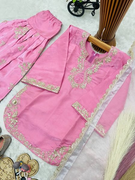 Premium Pink Girls Roman Glass Silk Party Wear Farshi Palazzo Set at Wholesale Rate Girls Wear