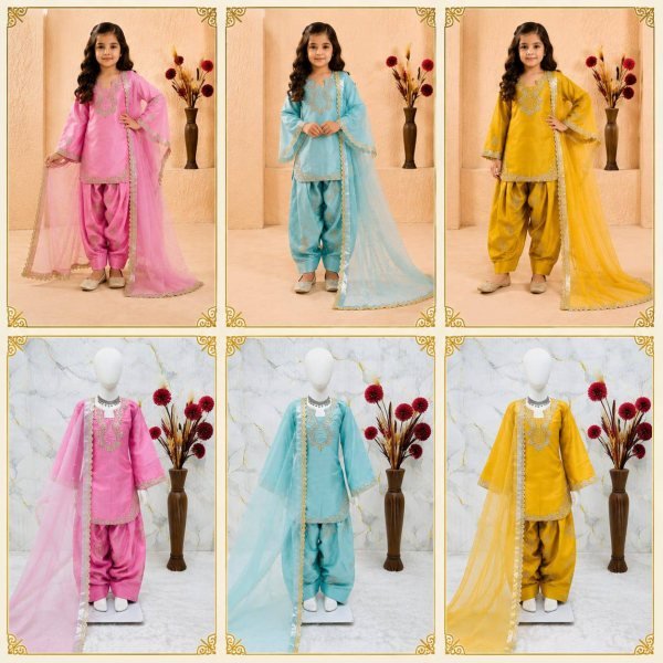 Premium Pink Girls Roman Glass Silk Party Wear Farshi Palazzo Set at Wholesale Rate Girls Wear