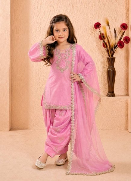 Premium Pink Girls Roman Glass Silk Party Wear Farshi Palazzo Set at Wholesale Rate Girls Wear