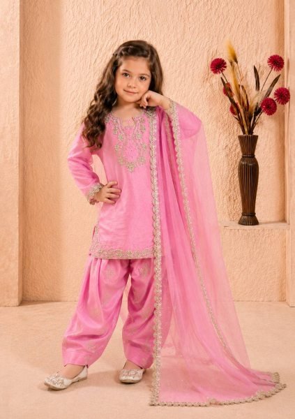 Premium Pink Girls Roman Glass Silk Party Wear Farshi Palazzo Set at Wholesale Rate Girls Wear
