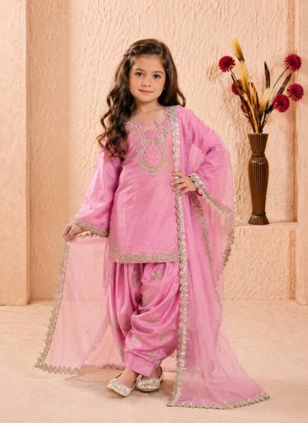 Premium Pink Girls Roman Glass Silk Party Wear Farshi Palazzo Set at Wholesale Rate Girls Wear
