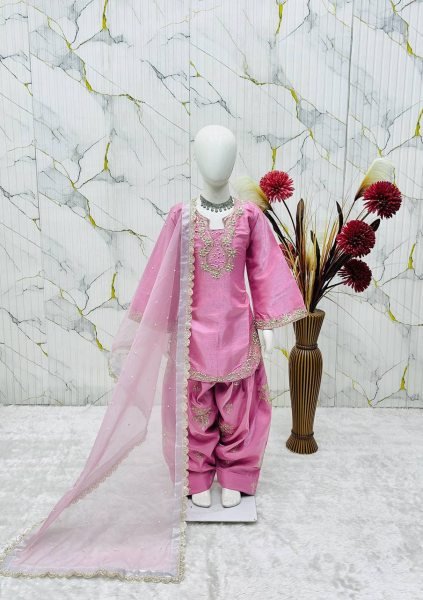 Premium Pink Girls Roman Glass Silk Party Wear Farshi Palazzo Set at Wholesale Rate Girls Wear
