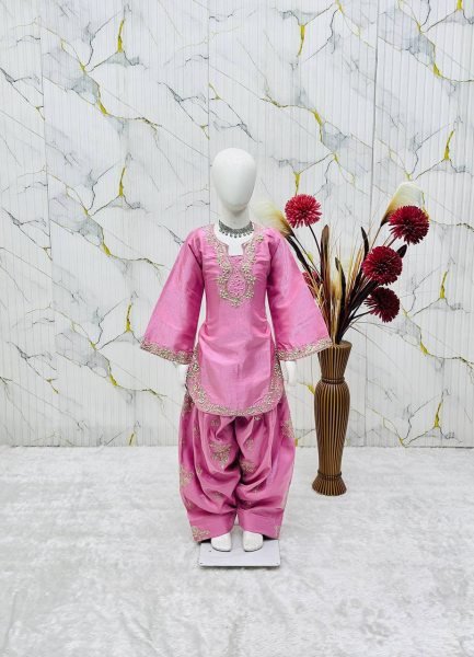 Premium Pink Girls Roman Glass Silk Party Wear Farshi Palazzo Set at Wholesale Rate Girls Wear