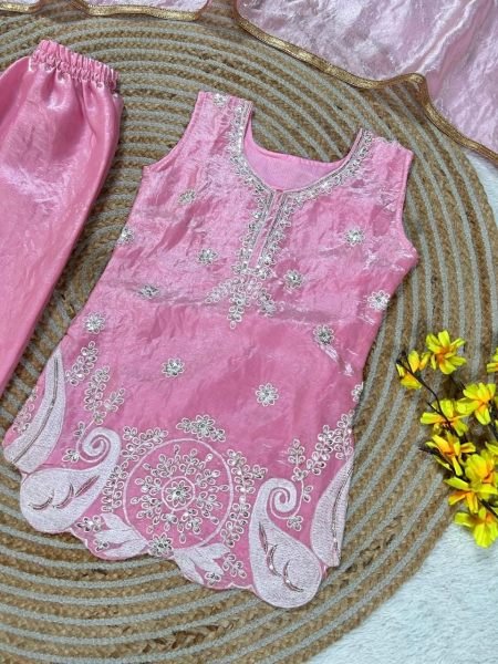 Premium Pink Kids Wedding Outfit with Sequence Embroidery Girls Wear