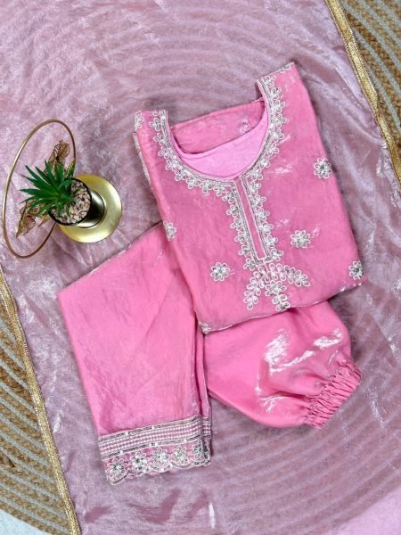 Premium Pink Kids Wedding Outfit with Sequence Embroidery Girls Wear