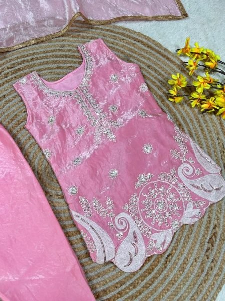 Premium Pink Kids Wedding Outfit with Sequence Embroidery Girls Wear