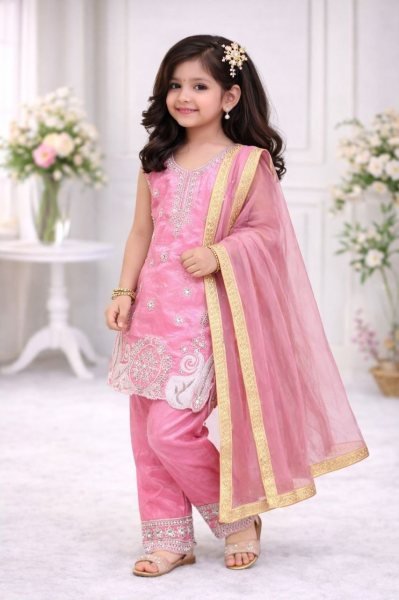 Premium Pink Kids Wedding Outfit with Sequence Embroidery Girls Wear