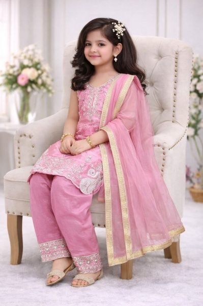 Premium Pink Kids Wedding Outfit with Sequence Embroidery Girls Wear