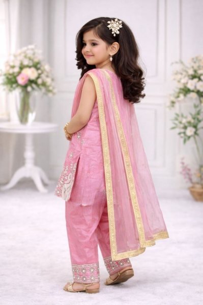 Premium Pink Kids Wedding Outfit with Sequence Embroidery Girls Wear