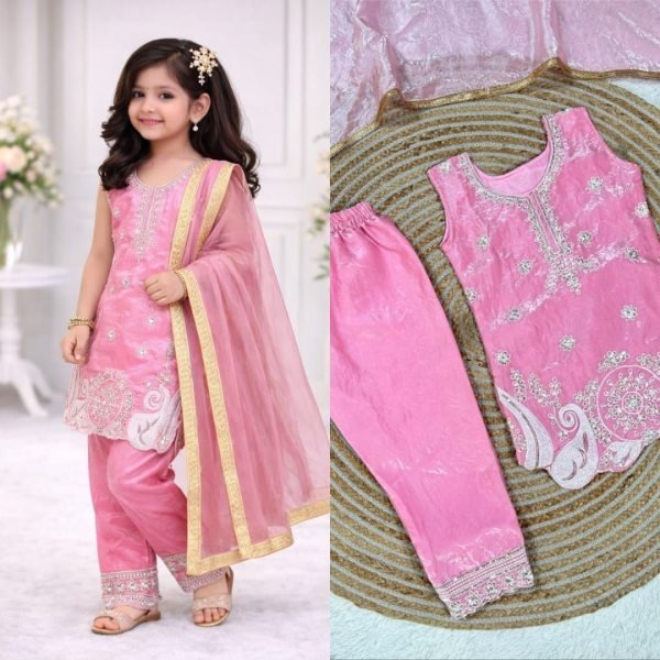Premium Pink Kids Wedding Outfit with Sequence Embroidery Girls Wear