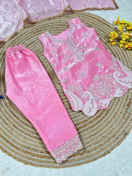 Premium Pink Kids Wedding Outfit with Sequence Embroidery Girls Wear