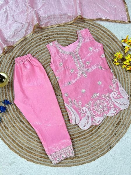 Premium Pink Kids Wedding Outfit with Sequence Embroidery Girls Wear