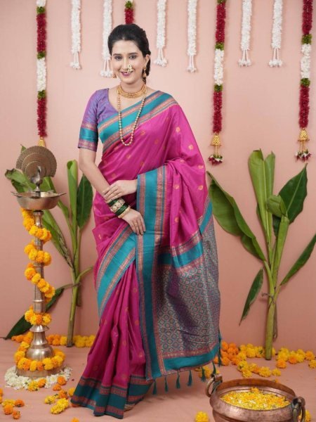 Premium Pink Soft Silk Saree with Contrast Zari Design and Designer Blouse For Special Occasions South Indian Saree 