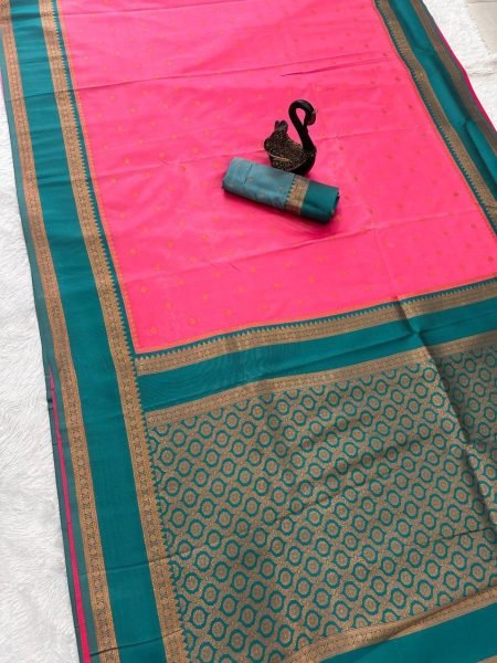 Premium Pink Soft Silk Saree with Contrast Zari Design and Designer Blouse For Special Occasions South Indian Saree 