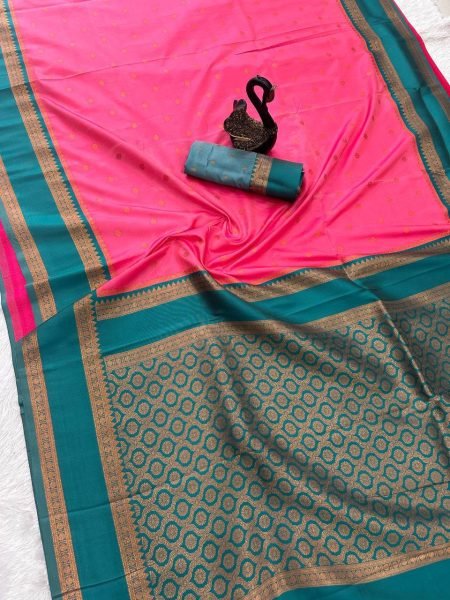 Premium Pink Soft Silk Saree with Contrast Zari Design and Designer Blouse For Special Occasions South Indian Saree 