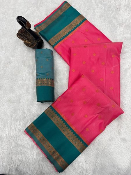 Premium Pink Soft Silk Saree with Contrast Zari Design and Designer Blouse For Special Occasions South Indian Saree 