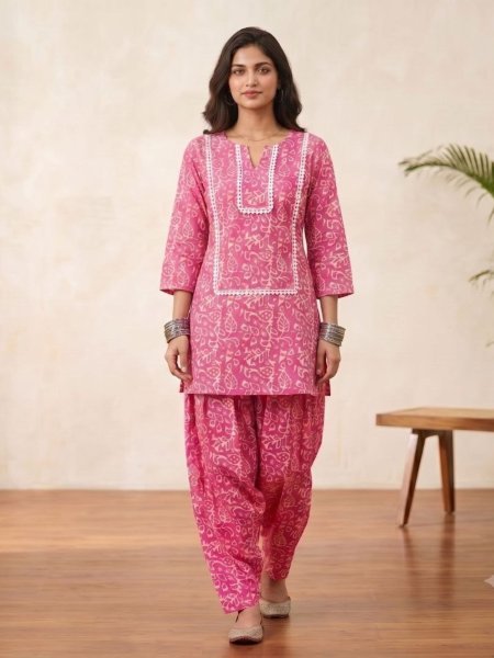 Premium Pink Stylish Farshi Co-Ord Set with Heavy Lace Detailing and Rope Work Kurtis