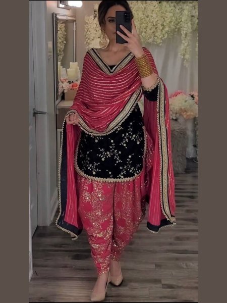  Premium Pink Velvet Dhoti Suit Set with 5mm Sequence Work & Stylish Dupatta At Manufacturer Rate Kurtis