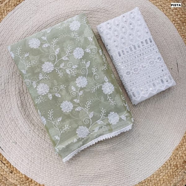 Premium Pista Shade Jimmy Chu Chikankari Saree Chikankari Sarees Wholesale