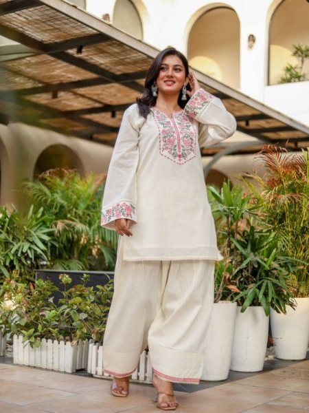 Premium Pure Khadi Cotton Embroidered Co Ord Set with Fancy Lace Border  for Women Office and Casual Wear 