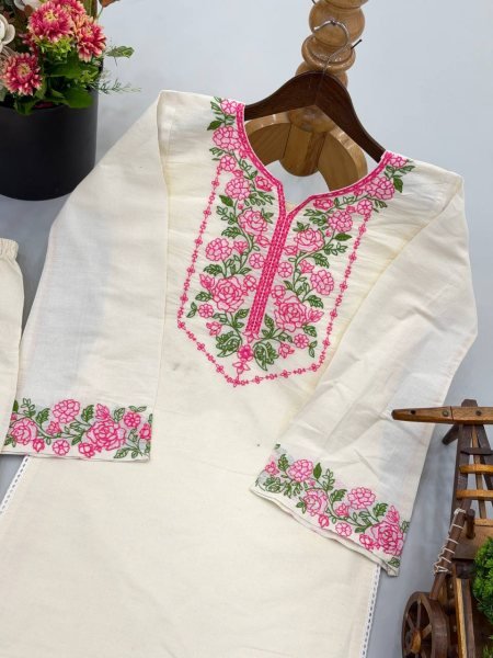 Premium Pure Khadi Cotton Embroidered Co Ord Set with Fancy Lace Border  for Women Office and Casual Wear CO ORD Sets