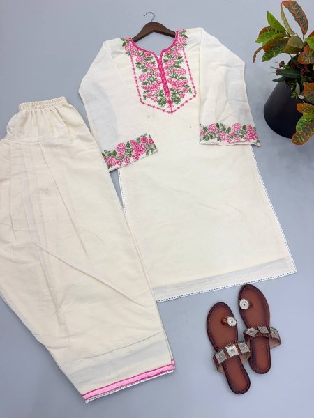 Premium Pure Khadi Cotton Embroidered Co Ord Set with Fancy Lace Border  for Women Office and Casual Wear CO ORD Sets