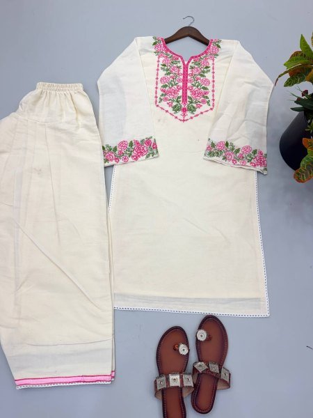Premium Pure Khadi Cotton Embroidered Co Ord Set with Fancy Lace Border  for Women Office and Casual Wear CO ORD Sets