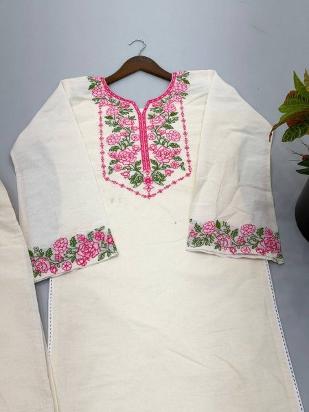 Premium Pure Khadi Cotton Embroidered Co Ord Set with Fancy Lace Border  for Women Office and Casual Wear CO ORD Sets