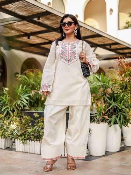 Premium Pure Khadi Cotton Embroidered Co Ord Set with Fancy Lace Border  for Women Office and Casual Wear CO ORD Sets