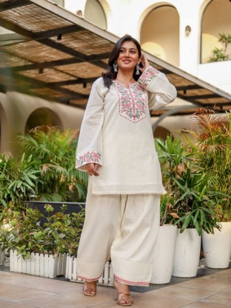 Premium Pure Khadi Cotton Embroidered Co Ord Set with Fancy Lace Border  for Women Office and Casual Wear CO ORD Sets