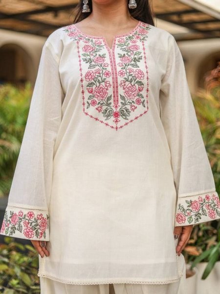 Premium Pure Khadi Cotton Embroidered Co Ord Set with Fancy Lace Border  for Women Office and Casual Wear CO ORD Sets