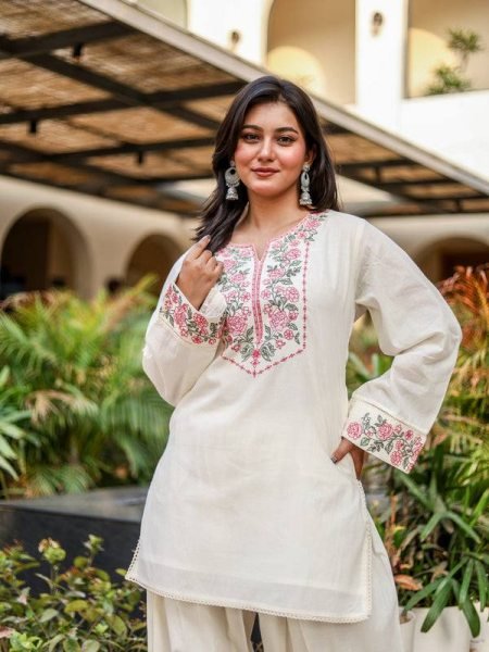 Premium Pure Khadi Cotton Embroidered Co Ord Set with Fancy Lace Border  for Women Office and Casual Wear CO ORD Sets