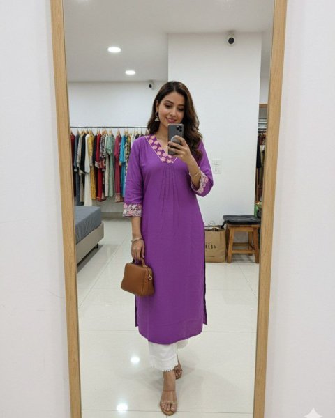 Premium Purple Chanderi Silk Embroidered Kurti Top with Cotton Lining Cotton Kurtis Wholesale